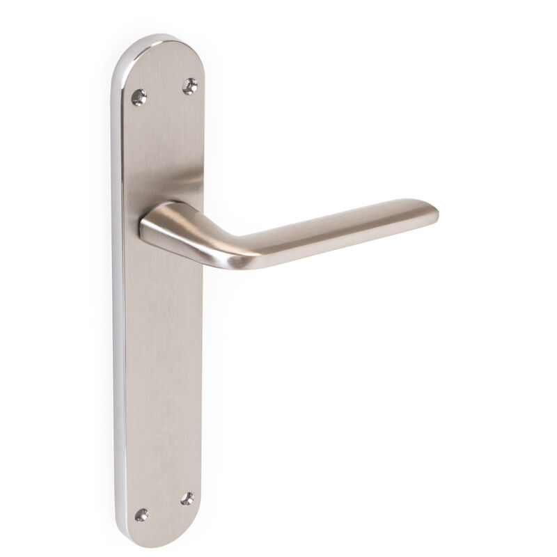 Image of Maniglie porta interna, coppia di maniglie per porta da interno con placca 43x250 mm, Alluminio e zama, Nickel satinato. - Emuca