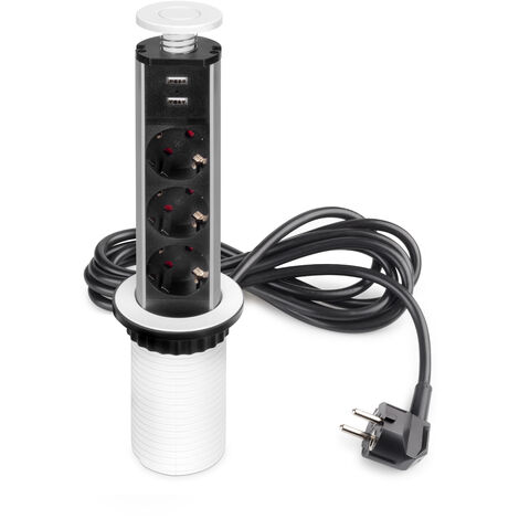 Emuca – Multiprise élevable 3 prises Schuko – Puissance 3500W – 2 ports USB 5V – Longueur 34 cm – Installation sans outils