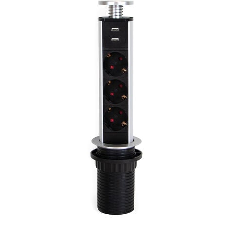 Emuca Multiconector extraíble Vertikal, 3 enchufes tipo Schuko, 2 USB tipo A, Plástico y Aluminio, Gris metalizado