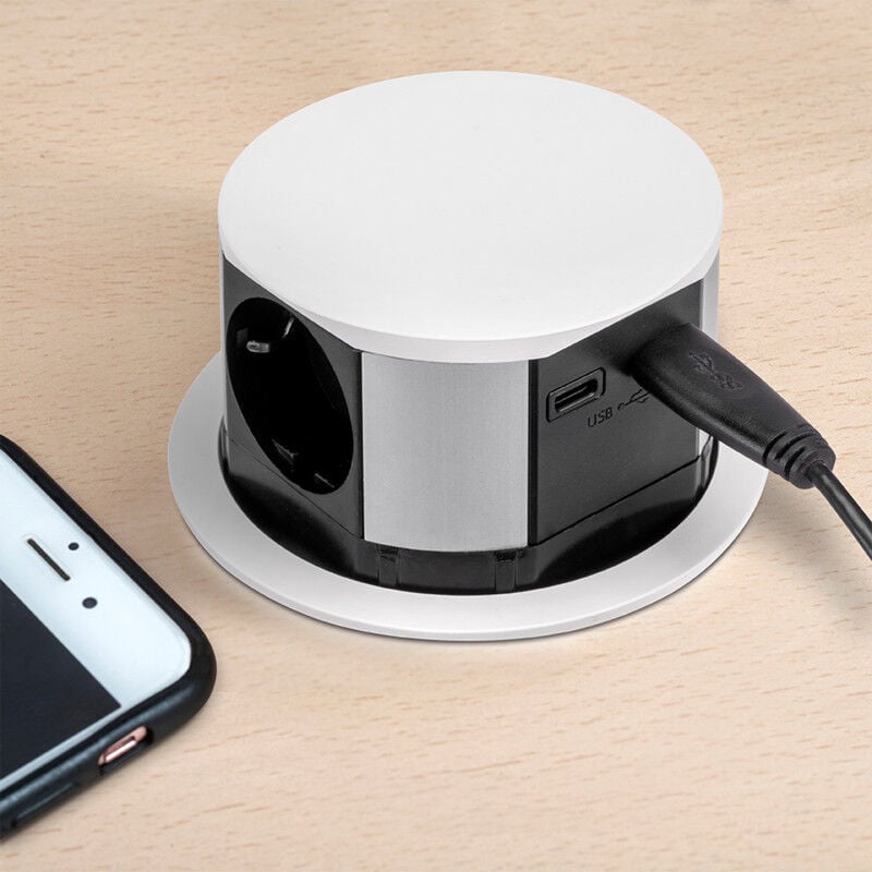 5221212 Multiconnecteur Vertikal Push diamètre 100mm, 3 prises de type Schuko, 1 usb type a, 1 usb type c, Acier et Plast - Emuca