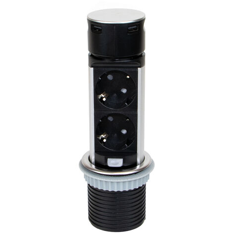 Emuca Multiconnecteur Vertikal Push 60, diamètre 60 mm, 2 prises de type Schuko, 2 USB de type A, Acier et plastique, Acier inoxydable