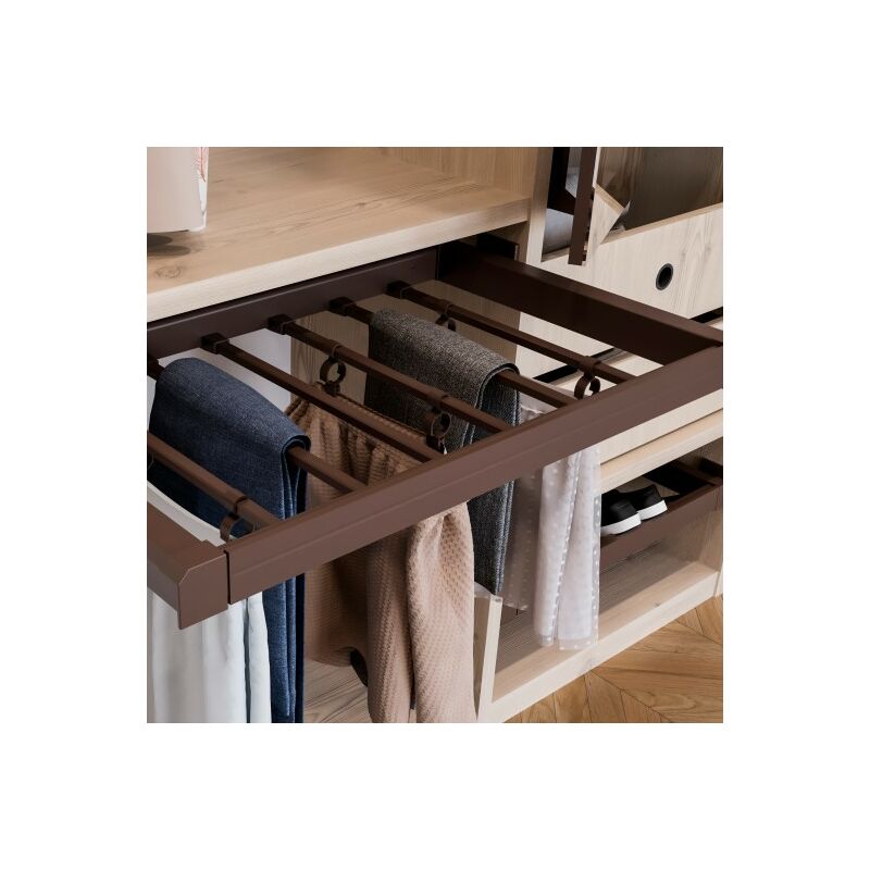 

Pantalonero extraible, regulable, módulo de 600 mm, 7 varillas, Aluminio y Acero, color moka