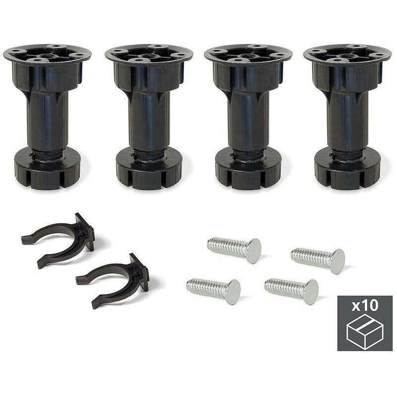 Emuca - 2032417 Lot de 10 kits de pieds de réglage pour meubles Bone, avec base pré assemblée, hauteur 100mm, réglable 98 115mm,