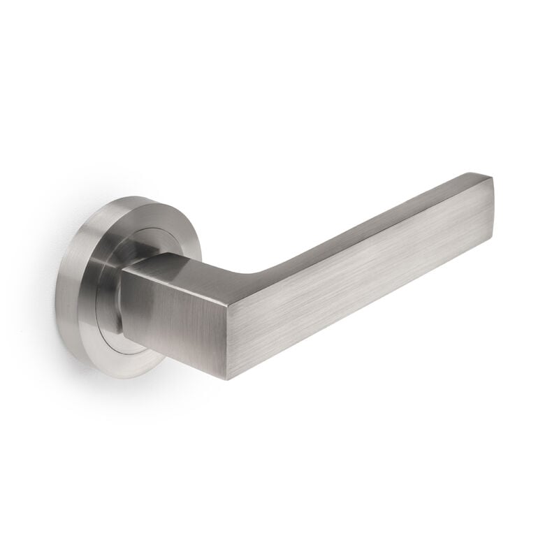 Jeu de Poignée de porte intérieureJeu de Mackay, avec rosace D.50mm, Aluminium, Nickel satiné - Emuca