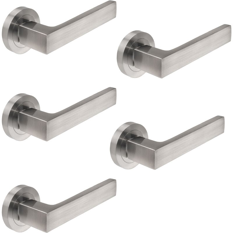 Lot de 5 poignées de porte intérieures Mackay, avec rosace D.50mm, Aluminium, Nickel satiné - Emuca