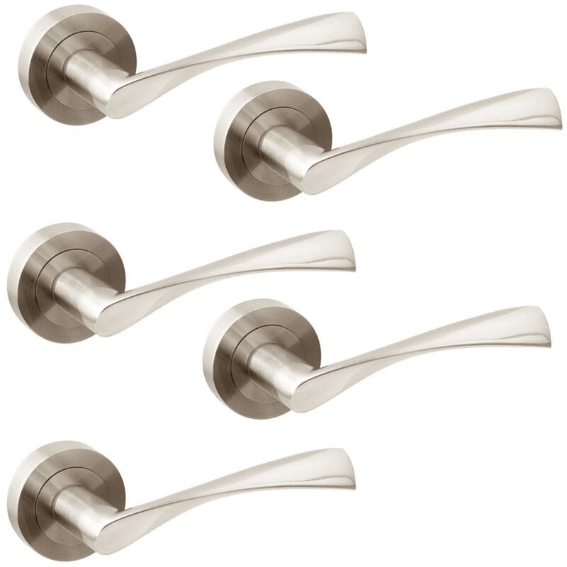 Lot de 5 poignées twist pour portes intérieures, avec rosace D.50mm, Aluminium, Nickel satiné - Emuca