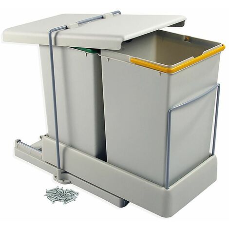 Emuca – Poubelle automatique de recyclage 2 compartiments 28L – Extraction automatique – Plastique gris – Dimensions 26,7 x 44 x 42 cm