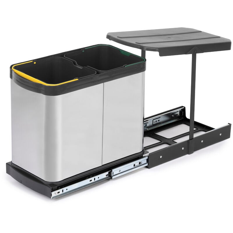 Emuca Bac à recyclage pour montage inférieur et extraction manuelle/automatique dans les éléments de cuisine, Inox 2x12 litres plastique et acier