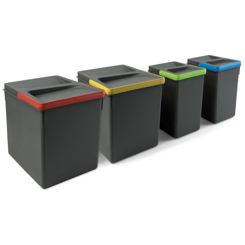 Emuca – Poubelle tri sélectif 8198523 – Lot de 4 bacs 2x15L et 2x7L – Hauteur 266mm – Plastique gris anthracite pour tiroirs de cuisine - 2x7litres
