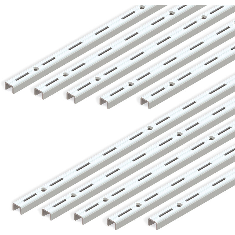 Lot de 10 supports muraux Jagmet à rainure simple avec un pas de 50mm, longueur 1m, Acier, Peint en blanc - Emuca