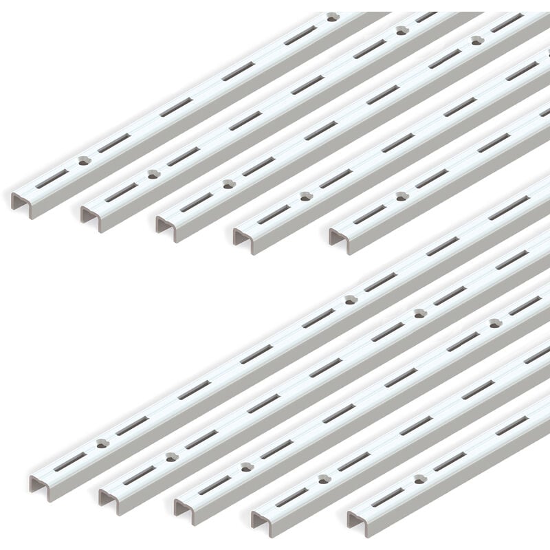 Emuca - Lot de 10 supports muraux Jagmet à rainure simple avec un pas de 50mm, longueur 1m, Acier, Peint en blanc