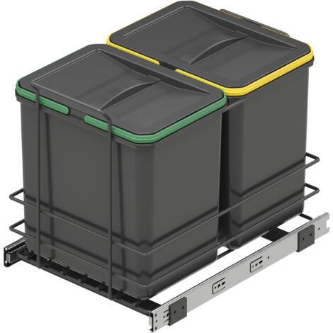 Emuca Recycling-Behälter für die Küche, 2x16 L, Bodenbefestigung und Handauszug, Kunststoff anthrazitgrau