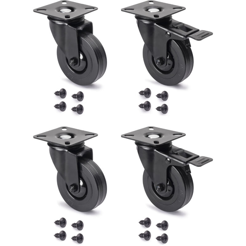 

Ruedas con placa de montaje, D.75 mm, Acero y plástico, Negro, 4 ud. - Plástico negro - Emuca