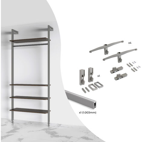 Emuca Set aus Bracket set für 4 Holzböden und 1 Hängestange 1m lang Zero, Aluminium und Zamak und Kunststoff, Steingrau lackiert