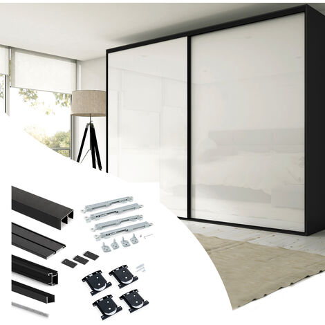 Emuca Set aus Hardware set für Placard 74 2-Schiebe-Kleiderschrank mit sanftem Schliessen, Griff-Modell Sharp, Stärke 16mm, ohne Paneele, Schwarz lackiert