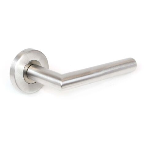 Emuca Set di maniglie per porte interne, con rosetta D.53mm, Modello L dritto, Acciaio inossidabile, Nichelato satinato
