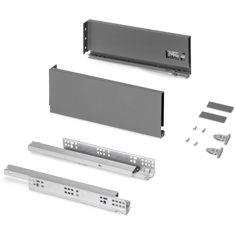 Tiroir extérieur Protone 30kg , coulisses à sortie totale et fermeture amortie, hauteur 131mm, profondeur 350mm, Acier, Gris anthracite - Emuca