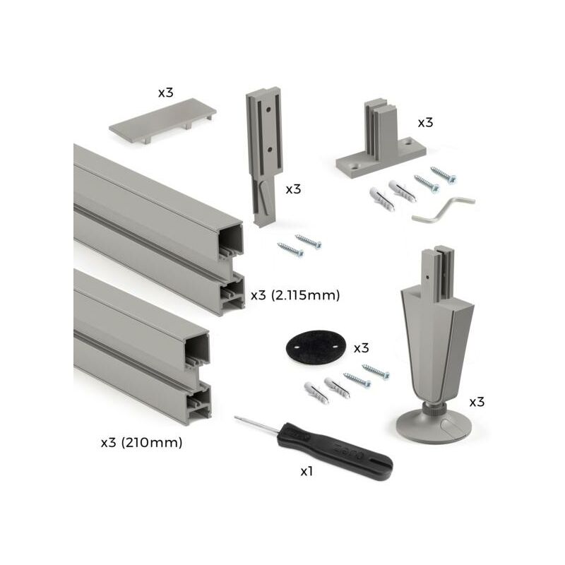 Emuca - Lot de 3 cadres Zero avec quincaillerie et profilés pour montage au sol et au mur avec vérin circulaire, Aluminium et Zamak, Gris pierre
