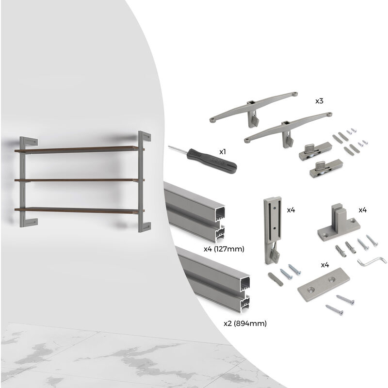 Set aus Zero Modular Frame Set mit Wandhalterungen, Aluminium und Zamak, Steingrau lackiert - Steingrau lackiert - Emuca