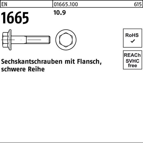 EN 1665 Sechskant-Flanschschraube M16x70 Stahl 10.9 blank m. Schaft 25 Stk