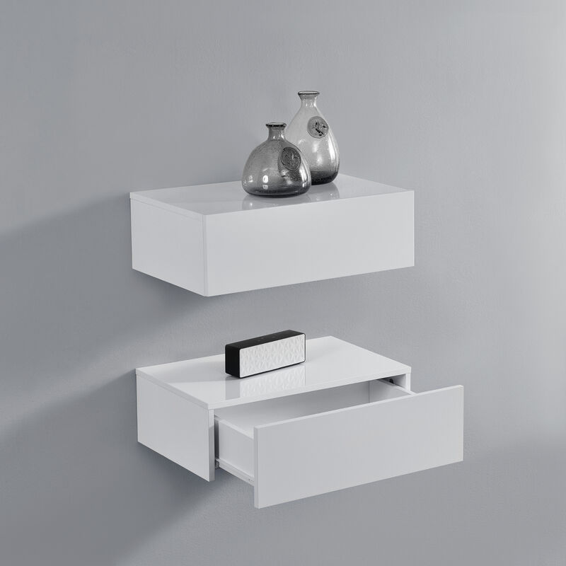 [en.casa] - Set di 2 Comodini da Parete con Cassetto 46x30x15 cm Bianco Lucido