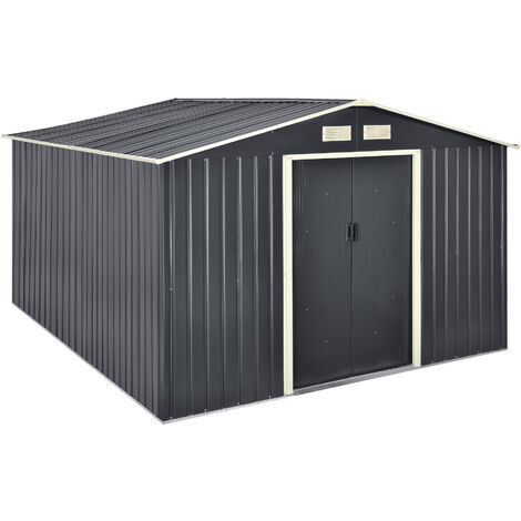 [En.Casa] – Abri de jardin métal 277x319x192 cm – Toit à pignon – Tôles en acier galvanisé gris foncé – 4 grilles de ventilation pour aération optimale