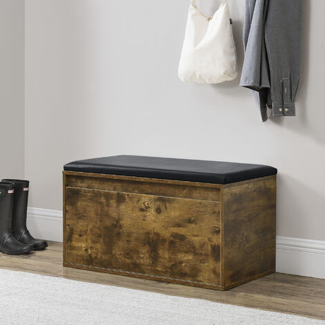 [En.Casa] – Banc à chaussures 80 x 39 x 45 cm – Tiroir intégré pour rangement – Corps en panneau mélaminé effet chêne foncé – Assise rembourrée noire