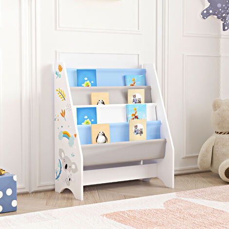 [En.Casa] – Bibliothèque enfant 74x62x29cm – 4 compartiments ouverts – Panneau de particules et textile non tissé – Couleur blanc/gris/bleu