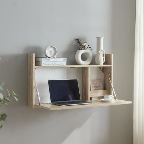 [En.Casa] – Bureau mural rabattable 48 x 83 x 48 cm – Espace de rangement intégré – Montage mural rapide – Effet chêne blanc
