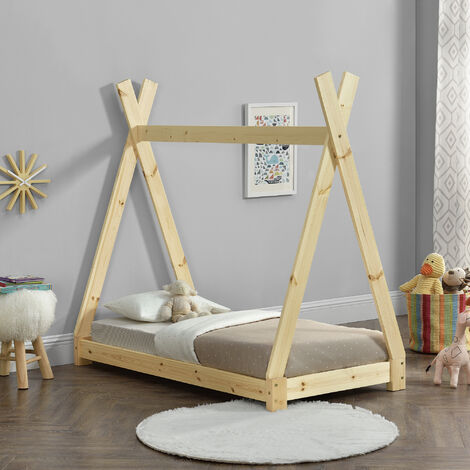 [en.casa]® Cama para niños pequeños - Cama infantil - 140 x 70cm - Estructura tipi de madera pino - Color pino natural