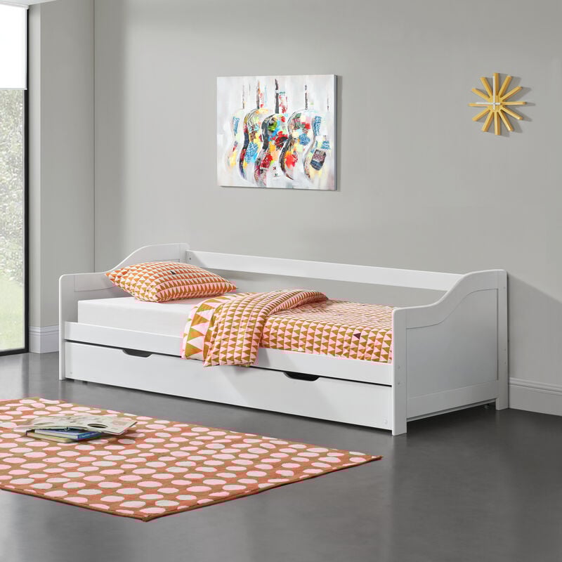 [en.casa] Canapé-lit Convertible pour 2 Personnes Lit Gigogne Canapé Divan Lit d'appoint Structure en Pin Sommier à Lattes en Contreplaqué Blanc
