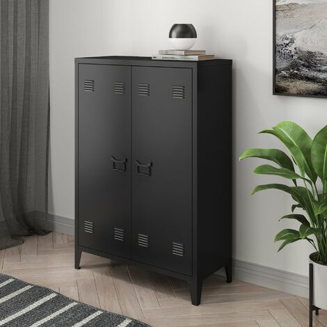 [En.Casa] – Casier de bureau métallique 2 portes 110 x 75 x 33 cm – Acier laminé à froid – Noir mat – 2 tablettes réglables et ventilation