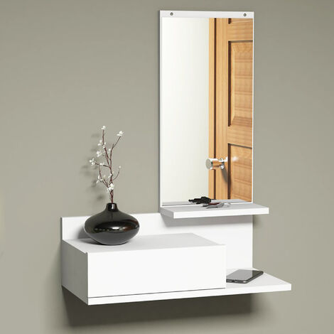 [En.Casa] – Étagère murale blanche avec miroir et tiroir – Dimensions 80 x 60 x 30 cm – Charge jusqu'à 15 kg – Montage mural rapide
