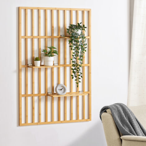 [En.Casa] – Étagère murale en bambou naturel 120 x 80 x 13 cm – 3 tablettes avec crochets – Montage mural rapide et facile