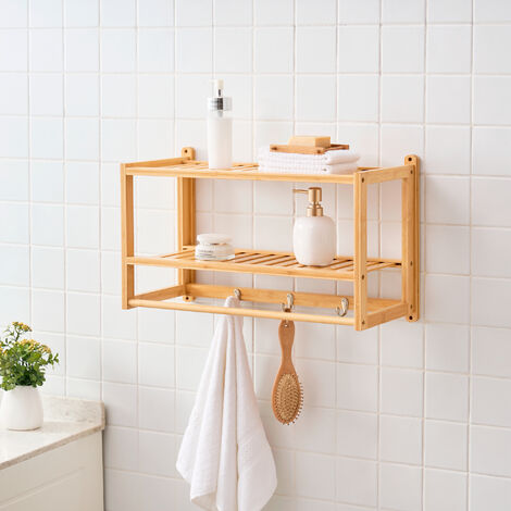 [En.Casa] – Étagère murale en bambou naturel 30 x 55 x 22,5 cm – 2 étagères à lattes – 3 crochets pour serviettes – Capacité 5 kg par niveau