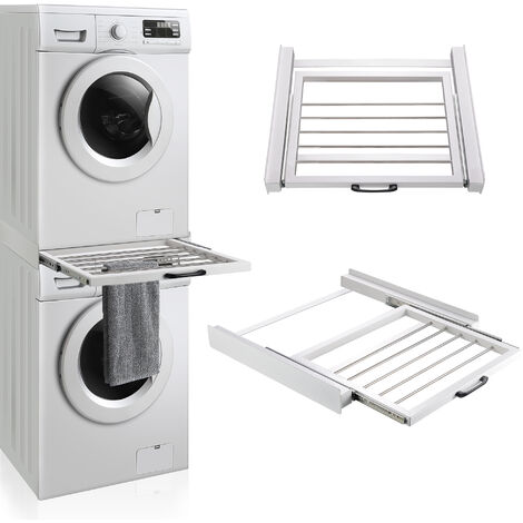 [En.Casa] – Kit de superposition pour lave-linge et sèche-linge 60 cm – Porte-serviettes coulissant – Acier laqué blanc – Stabilité renforcée avec sangle de serrage