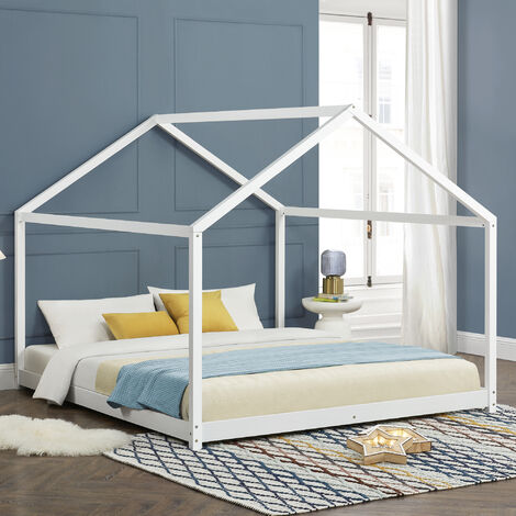 [En.Casa] – Lit cabane en bois de pin 160 x 200 cm blanc – Design maisonnette – Capacité de charge 180 kg – Sommier à lattes inclus