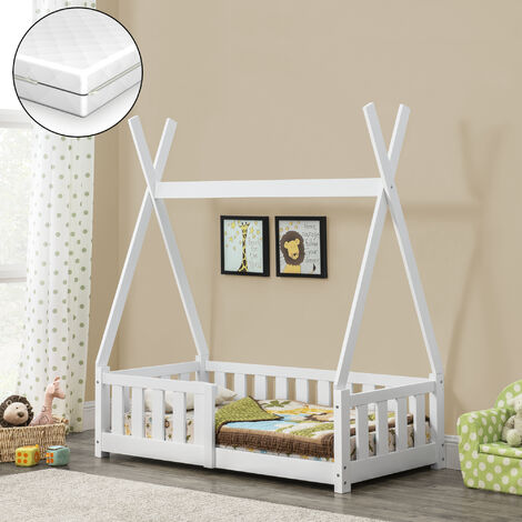 [En.Casa] – Lit cabane enfant 140x70 cm – Matelas orthopédique en mousse froide – Lit en pin avec barreaux de sécurité – Blanc mat