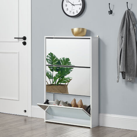 [En.Casa] – Meuble à chaussures blanc avec miroir – 3 abattants – Rangement pour 9 paires – Dimensions 102,5 x 63 x 17 cm – Panneau de particules mélaminé