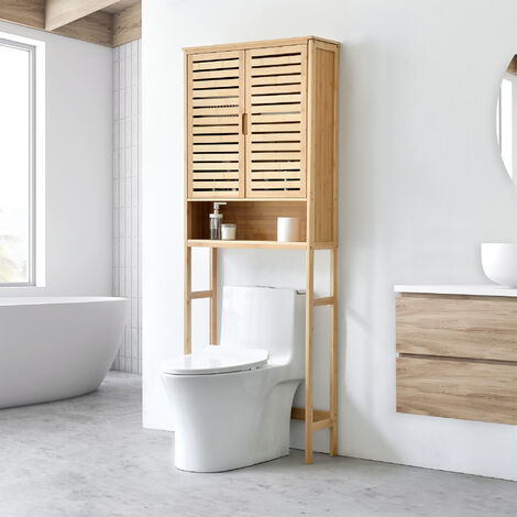 [En.Casa] – Meuble de rangement pour WC 170 x 66 x 23 cm – 2 portes – Matière bambou naturel – Gain de place au-dessus des toilettes