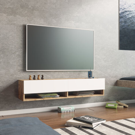 [En.Casa] – Meuble TV 2 portes effet chêne rustique / blanc – Dimensions 29,5 x 140 x 31,5 cm – Panneau de particules mélaminé – Rangement optimisé