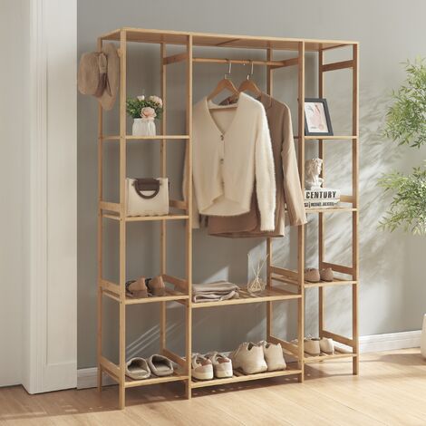 [En.Casa] – Portant à vêtements bambou 165 x 122 x 35 cm naturel – Barre de penderie et étagères pour rangement – Design élégant et fonctionnel