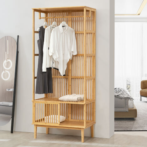 [En.Casa] – Portant à vêtements bambou 185 x 80 x 45 cm naturel – Barre de penderie 75 cm – Capacité 10 kg – Montage rapide