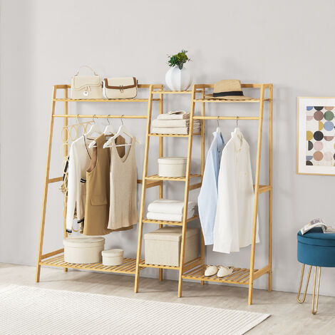 [En.Casa] – Portant à vêtements en bambou 139x158x40 cm – 2 barres de penderie – 5 étagères – Assemblage simple et esthétique naturelle