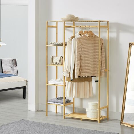 [En.Casa] – Portant à vêtements en bambou 145 x 90 x 30 cm – 4 niveaux de stockage – Barre de penderie jusqu'à 10 kg – Montage facile