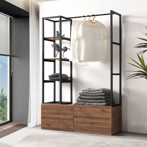 [En.Casa] – Portant à vêtements métal MDF 180 x 120 x 40 cm – Barre penderie pour manteaux et robes – 2 tiroirs et étagères latérales – Noir effet noyer