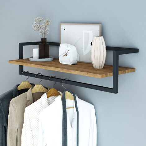 [En.Casa] – Portemanteau mural avec barre de penderie et étagère – Acier noir et panneau de particules effet bois – Dimensions 80 x 30 x 20 cm