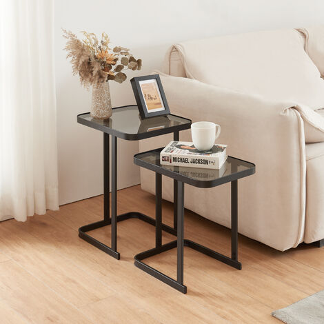 [En.Casa] – Set de 2 tables basses gigognes – Verre trempé 4 mm – Métal noir – Dimensions : 42/51 cm de hauteur – Idéal pour espaces réduits