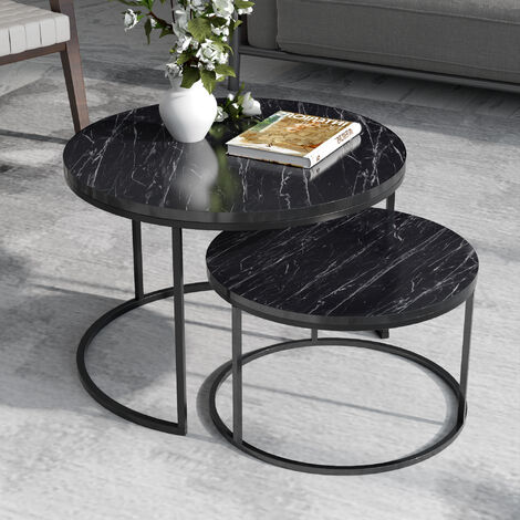 [En.Casa] – Set de 2 tables d'appoint gigognes effet marbre noir – Petite table 43cm x 60cm – Grande table 50cm x 70cm – Plateau en panneau de particules, pieds métal