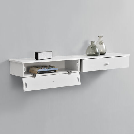 [en.casa] Set de 2 x Estantes de pared con compartimento - 60 x 24 x 12,6cm - Mesita de noche de pared con cajón - para Almacenar - Blanco